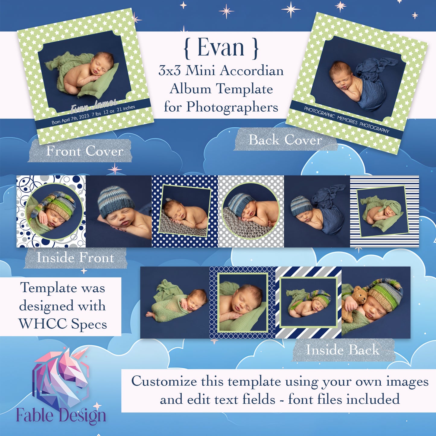 EVAN 3x3 Mini Accordion Album Template For Photographers - PSD Files DIGITAL DOWNLOAD